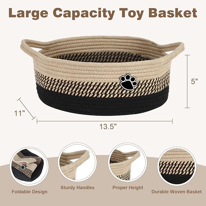 Optish Dog Toy Easter Basket, Toy Box and Bin for Dog Cat Storage, 13.5" X 11" X 5" Small Woven Rope Basket for Baby Storage, Closet, Living Room, Brown & Black