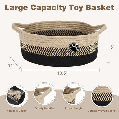 Optish Dog Toy Easter Basket, Toy Box and Bin for Dog Cat Storage, 13.5" X 11" X 5" Small Woven Rope Basket for Baby Storage, Closet, Living Room, Brown & Black