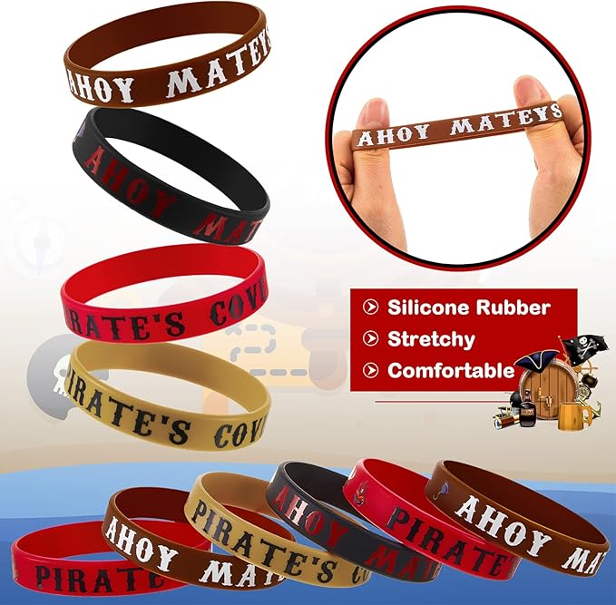 Leitee 48 Pcs Pirate Rubber Bracelets Pirate Party Wristbands Pirate Theme Party Silicone Wristbands Pirate Party Supplies Favors Pirate Accessories for Men Women Birthday Prizes, 4 Styles