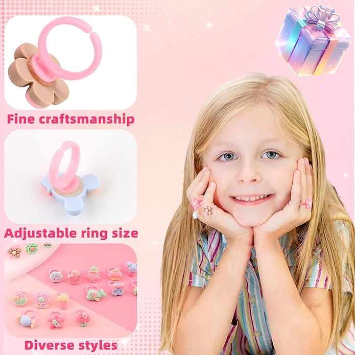 Little Girl Jewel Rings, Adjustable Pink Rings Girls Kids Pretend Play and Dress up Jewelry Set, Cute Rings with Display Case Party Favors Toys Gifts