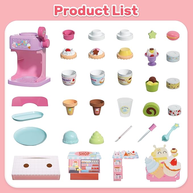 CUTE STONE Color Changing Ice Cream Play Set, Tea Party Set for Little Girls with Toy Ice Cream, Play Desserts, Play Food and Accessories，Kids Kitchen Pretend Play for Girls Boys