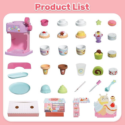 CUTE STONE Color Changing Ice Cream Play Set, Tea Party Set for Little Girls with Toy Ice Cream, Play Desserts, Play Food and Accessories，Kids Kitchen Pretend Play for Girls Boys