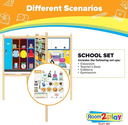 School Set - Large Kids School Pretend Play Set for Toddlers Ages 3+ Years –Wooden Toy Playset Folds Away for Easy Storage with 20 Fun & Interactive Pieces