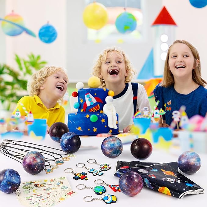 LiYiQ 87 Pcs Space Party Favors With Space Stress Balls Space Necklace Space Stamps Slap Bracelets Keychains Space Temporary Tattoo Stickers and Gift Bags For Kids Space Birthday Party Supplies