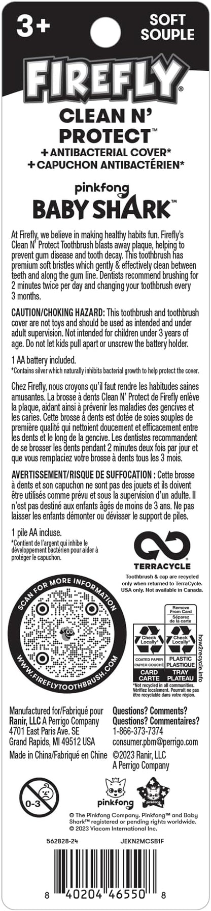 Firefly Clean N' Protect, Baby Shark Toothbrush with 3D Character Cover, Soft Bristles, Anti-Slip Grip Handle, Battery Included, Ages 3+, 1 Count