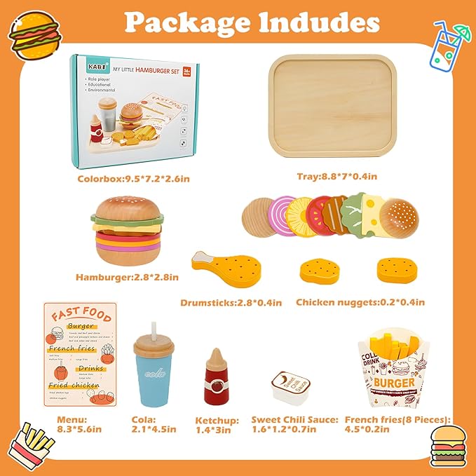 Wooden Play Food Set Toy for Play Kitchen, Toddlers Pretend Play Kitchen Accessories, Wooden Play Fast Food Hamburger, French Fries Set Educational Toys Gift for Kids Boys Girls