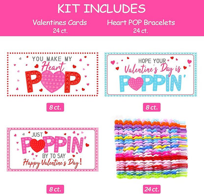 Valentines Day Gifts for Kids - 24 Pack Valentines Cards with Heart POP Bracelets - Sensory Fidget Toys Valentine for School Classroom Gift Exchange Party Favors Supplies for Toddlers Girls Boys
