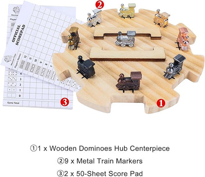 Mexican Train Dominoes Accessories - 1 Wooden Mexican Train Hub, 9 Colorful Metal Mexican Train Markers, 2 * 50-Sheet Mexican Train Score Pads for Mexican Dominoes Train Game Set