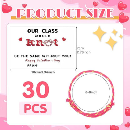 Yinkin 30 Pcs Valentine Friendship Bracelets with Card Set Valentines Knot Bracelets Bulk for Students from Teacher Valentine Bracelets Cards for Classroom Exchange Kids Valentines Day Party Favors