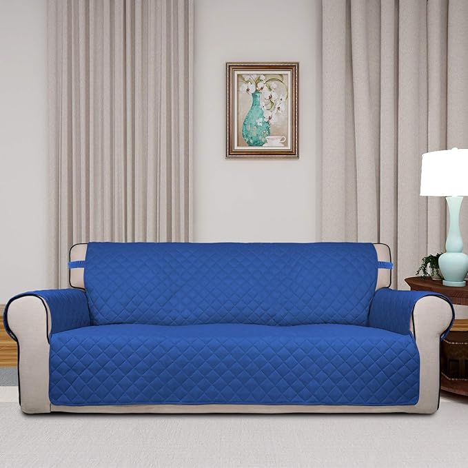 PureFit Reversible Quilted Sofa Cover, Water Resistant Slipcover Furniture Protector, Washable Couch Cover with Non Slip and Elastic Straps for Kids, Pets (Sofa, Classic Blue/Ivory)