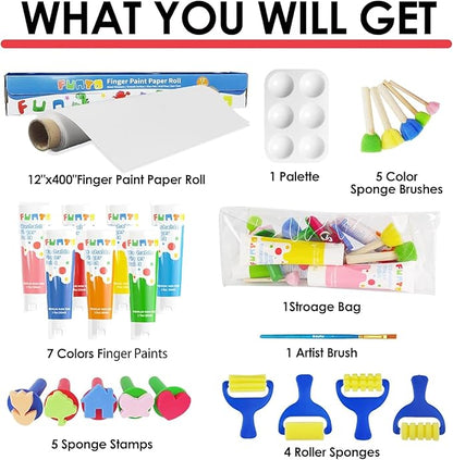 Funto Kids Washable Finger Paint Set, 25 PCS Non Toxic Art Painting Supplies for Baby, Includes Finger Paint Paper Roll, Brush Set, Arts Crafts for Toddlers Age 1-3