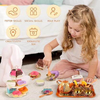 Tea Party Set for Toddlers 3-5 44 Pcs Bear Tin Teapot Set with Cups,Plates,Dessert and Carrying Case Pretend Play Kitchen Toys for Little Girls Birthday Gifts for 3 4 5 Year Old