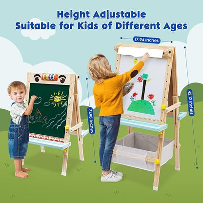 Kids Easel with Paper Roll Wooden Art Easel Height Adjustable Standing Easel with Bead Numbers Alphabet Animal Accessories Double-Sided Whiteboard & Chalkboard for Boys Girls 3 4 5 6 7 8