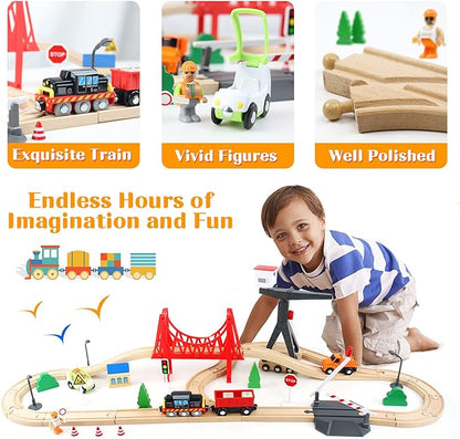 WOOD CITY Wooden Train Set, 56-Piece Deluxe Kids Toy Train Set for 2 3 4 5 Year Old Boy, Cargo-Themed Train Track with Tower Crane & Suspension Bridge - Fits Thomas Brio Chuggington Melissa Orbrium