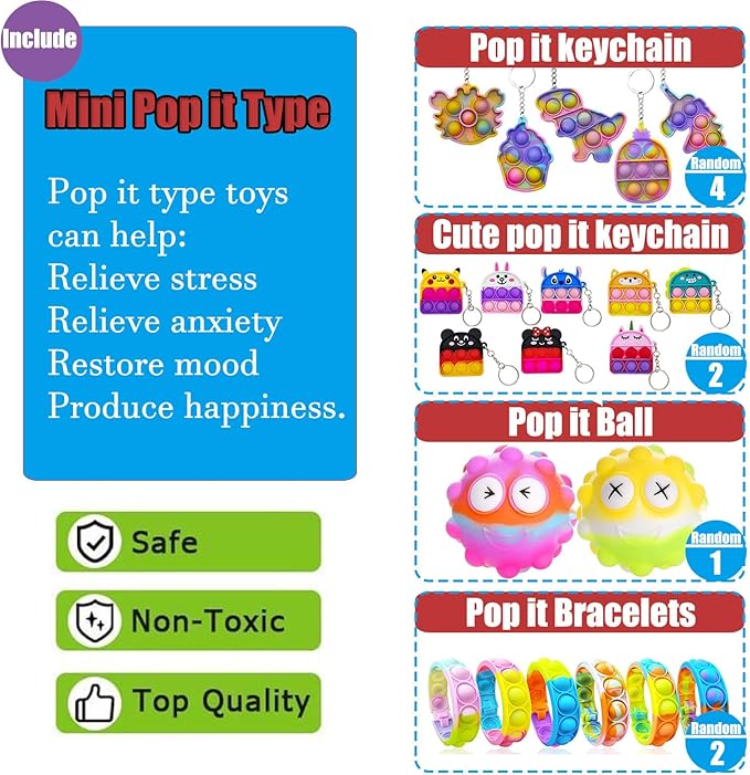 112 PCS Pop Party Favors Toys for kids,Premium Pop Fidget Toys for All Ages kids,Assortment pinata stuffers,classroom prizes,Prize Box Toys,Goody Bag Fillers,Carnival Prizes for Boys and Girls 4-10