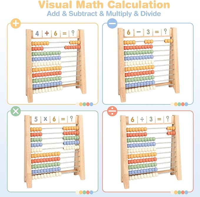 Abacus for Kids Math - Wooden Abacus with 100 Counting Sticks and 112 Math Cards, Counting Toys for Preschool Learning, Educational Math Toys for Developing Fine Motor Skills, Math Calculation