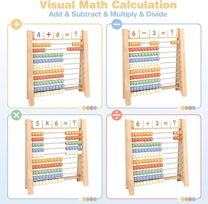 Abacus for Kids Math - Wooden Abacus with 100 Counting Sticks and 112 Math Cards, Counting Toys for Preschool Learning, Educational Math Toys for Developing Fine Motor Skills, Math Calculation