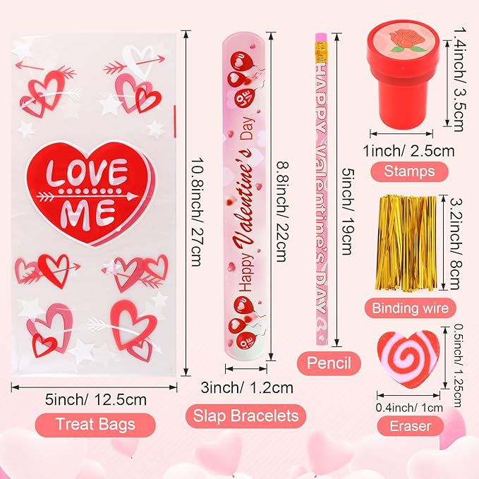 40pack 360x Valentine's Day Stationery Party Favors Bulk: Valentine's Pencil Eraser Slap Bracelets Stamps Treat Bags for Kids Classroom Gift Exchange School Games Prizes Reward Prizes Carnival Events