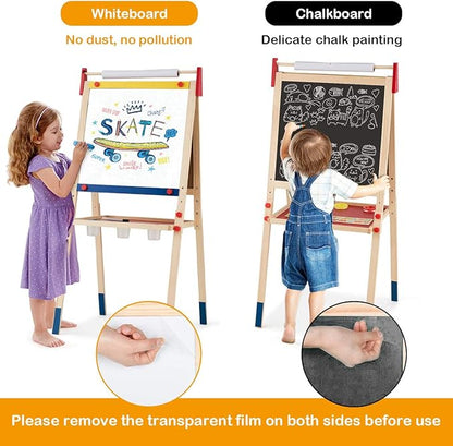 HONEY JOY Easel for Kids, Wooden Height Adjustable Standing Toddler Easel w/Magnetic Chalkboard & White Board, Paper Roll, Painting Accessories, Magnetic Alphabet, Art Easel for Boys Girls, Natural