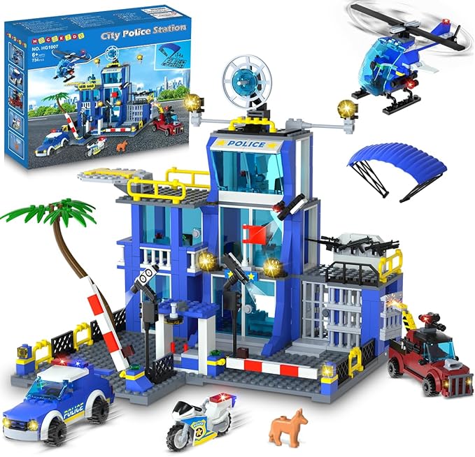 HOGOKIDS City Police Station Building Toys with LED Light - 734pcs Police Building Block Sets with Helicopter Police Motorcycle Vehicle Armored Car, Police Playset Gift for Kids Boys Girls Age 8-12+