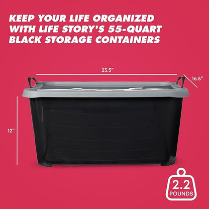 Life Story 12 Pack Heavy Duty Stackable Storage Bin, 55 Quart Home Organizer, Versatile Lightweight Locking Bins with Carrying Handles, Black/Gray