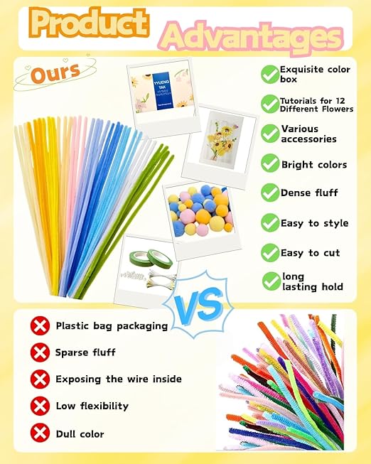 500 Yellow & Blue Pipe Cleaners Flower kit(Candy-Colored),Chenille Stems for DIY Art Projects Creative Gift,Pipe Cleaners Craft with tutoria,Pearls,Pompoms,Green Floral Wires,Stamen