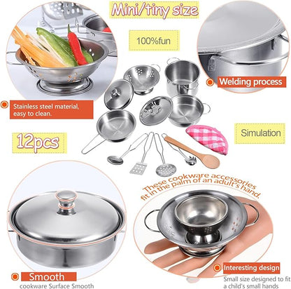 Play Pots and Pans Toys for Kids Kitchen Playset Pretend Cookware Utensils Play Set Play Cooking Toys Mini Stainless Steel Cooking Utensils Toys Kitchen Playset Accessories for Boys Girls