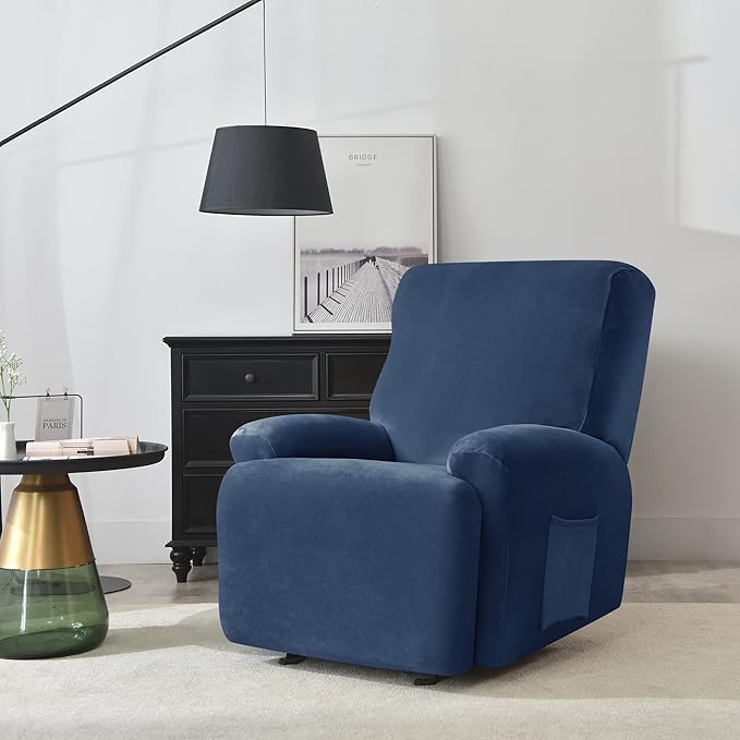 OBCREAT High Stretch Recliner Chair Cover Soft Velvet Recliner Slipcovers 4 Pieces Lazy Boy Recliner Couch Covers Plush Furniture Protector for Kids Pets (Navy)