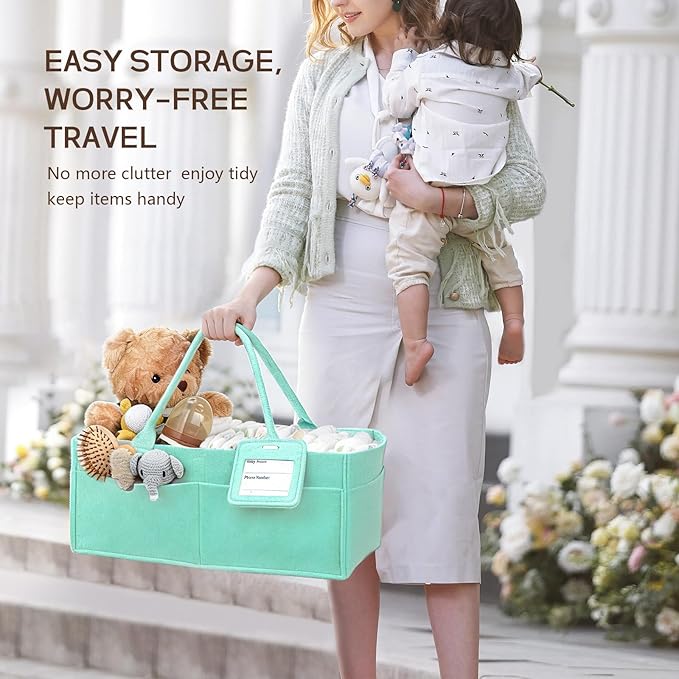 GEMII Diaper Caddy Organizer-Large Baby Caddy Organizer with Handle，Newborn Registry Essentials，Baby Shower Gift Basket for Boy or Girl (Green, Large)