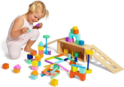 LOVEVERY | The Block Set | Solid Wood Building Blocks and Shapes + Wooden Storage Box, 70 Pieces, 18 Colors, 20+ Activities, Toddler Block Set and Converts into a Pull Car, Ages 12 to 48+ months