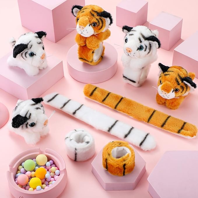 Sosation 6 Pcs Stuffed Animal Slap Bracelets for Kids Hug Slap Bracelet Bulk Tiger Leopard Stuffed Animal Plush Kids Toy for Halloween Birthday Gifts Party Favors(Tiger Style)