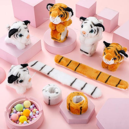 Sosation 6 Pcs Stuffed Animal Slap Bracelets for Kids Hug Slap Bracelet Bulk Tiger Leopard Stuffed Animal Plush Kids Toy for Halloween Birthday Gifts Party Favors(Tiger Style)