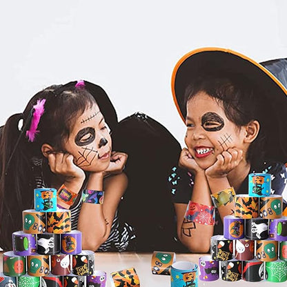 120 Pcs Friendship Bracelets Halloween Slap Bracelets Party Favors for Kids - 60 Different Design Bracelets Halloween Party Supplies and Decorations Snap Bracelets with Halloween Classies Pattern