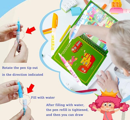 Water Coloring Painting Books for Kids,Reusable Water Doodle Book Toys for Toddlers Car Travel,16pcs Portable Drawing Kits with16pcs Pens,Dinosaur,Unicorn,Train,Space