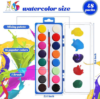 Jexine 48 Pieces Watercolor Paint Sets for Valentine's Day Gifts 16 Washable Water Color Paints Washable Bulk with Paintbrushes for Valentine School Classroom Birthday Gift Art Party Favors