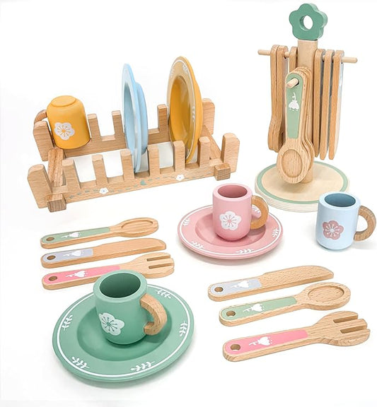 Wooden Play Kitchen Accessories Toys for Toddlers 3+, 22 PCS Kids Play Kitchen with Cute Cutlery Rack&Dish Rack,Play Dishes for Kids Kitchen,Montessori Pretend Birthday Gifts for Girls Boys