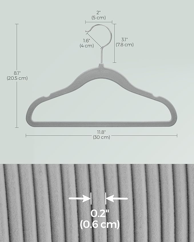 SONGMICS Baby Hangers 50 Pack, Kids Hangers for Closet, 11.8 x 8.1 Inches, Silver 360° Swivel Hooks, Space-Saving Clothes Hangers, Velvet Hangers for Nursery, Non-Slip, Dove Gray UCRF027G05