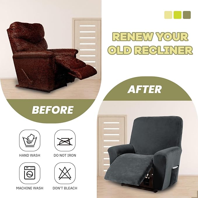 AZON Velvet Stretch Recliner Chair Cover,1-Piece Washable Recliner Couch Cover with Elastic Furniture Protector for Pets, Kids(Recliner, Charcoal)