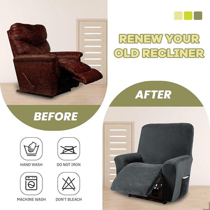 AZON Velvet Stretch Recliner Chair Cover,1-Piece Washable Recliner Couch Cover with Elastic Furniture Protector for Pets, Kids(Recliner, Charcoal)
