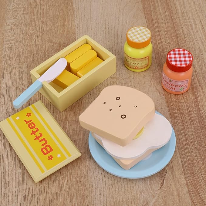 Wooden Kitchen Toy, Pop-Up Bread and Butter Toaster Set, Play Bread Maker Kitchen Accessories Birthday Gift for Ages 3 4 5 6 7 Boys Girls, Early Education Kitchen Pretend Games for Kids, 14 Pieces