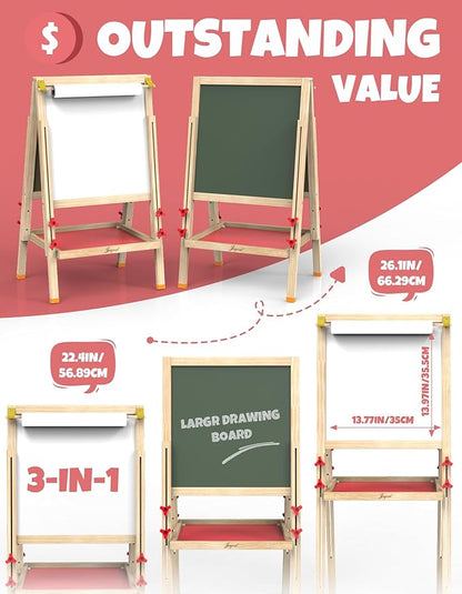 JOYOOSS Easel for Kids Art Easel Kids Easels for Toddlers Easel, Toddler Art Easel Dual-Sided Adjustable Wooden Magnetic Board for Kids Easel for Toddlers 3-4 Years and Art Easel for Kids Ages 4-8