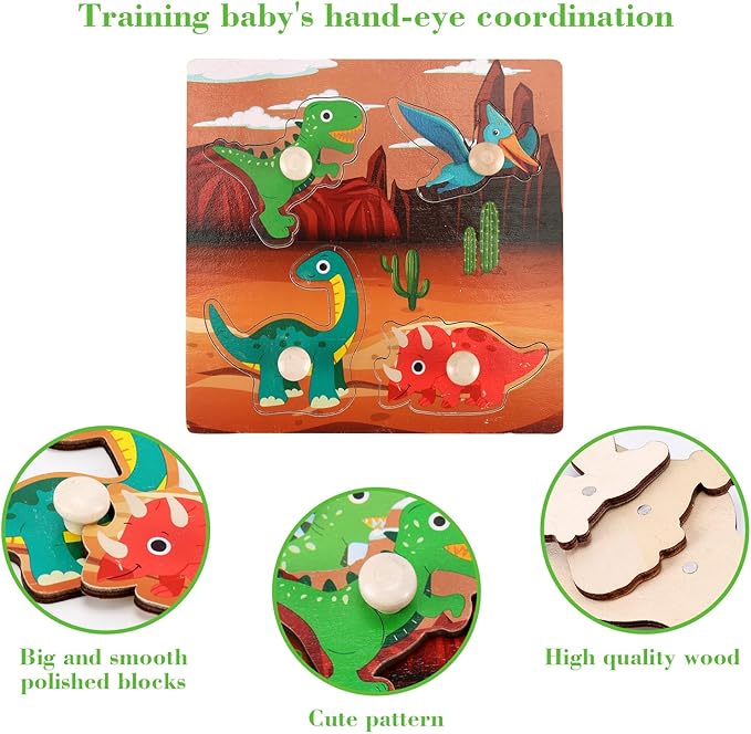 Wooden Peg Puzzles for Toddlers 1-3, Kids Educational Preschool Peg Puzzle Toy Ages 2-4, Set of 4 Dinosaur Toddler Puzzles, Ideal Gift for Ages 1 2 3 4 Boys and Girls