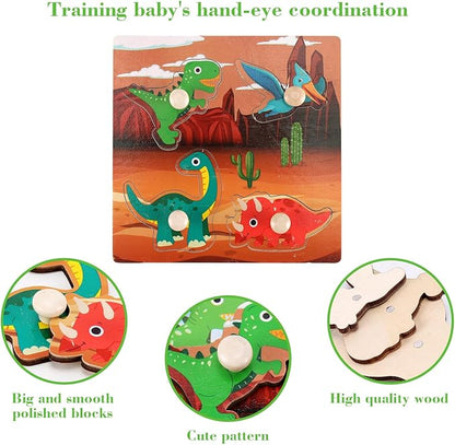 Wooden Peg Puzzles for Toddlers 1-3, Kids Educational Preschool Peg Puzzle Toy Ages 2-4, Set of 4 Dinosaur Toddler Puzzles, Ideal Gift for Ages 1 2 3 4 Boys and Girls