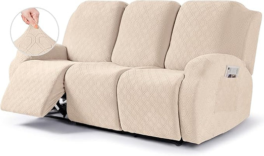 VANSOFY Recliner Cover, 3-Pieces Stretch Reclining Couch Covers with Pockets Reclining Sofa Slipcovers 3 Seater Soft Washable Furniture Protector for Dogs Cats(Cream)