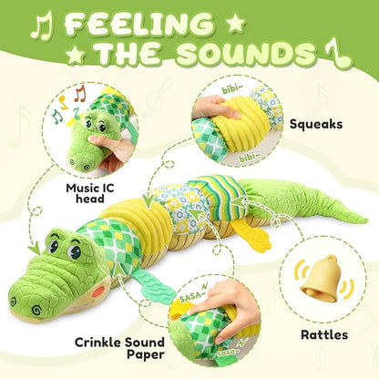 Awotoy Baby Toys 0 to 12 Months, Musical Stuffed Animals Activity Soft Toy with Multi-Sensory Crinkle, Rattle and Textures, Infant Tummy Time Toys for Newborn Boys Girls, Crocodile, Green