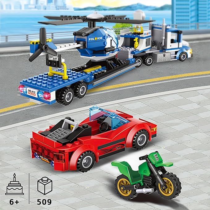 City Police Truck and Trailer Building Sets, Compatible with Lego Police Car with Tow Truck, Helicopter, Car, Motorcycle, Police Chase Building Blocks Toy Set Gift for Boys Aged 6-12, 509 PCS