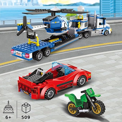 City Police Truck and Trailer Building Sets, Compatible with Lego Police Car with Tow Truck, Helicopter, Car, Motorcycle, Police Chase Building Blocks Toy Set Gift for Boys Aged 6-12, 509 PCS