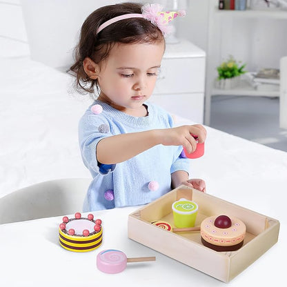 8 PCs Wooden Play Food for Kids Kitchen, Pretend Play Food Wooden Dessert Play Set for Kids, Toddler Toys for 2-4 Year Old Girls Boys Christmas Birthday Gifts
