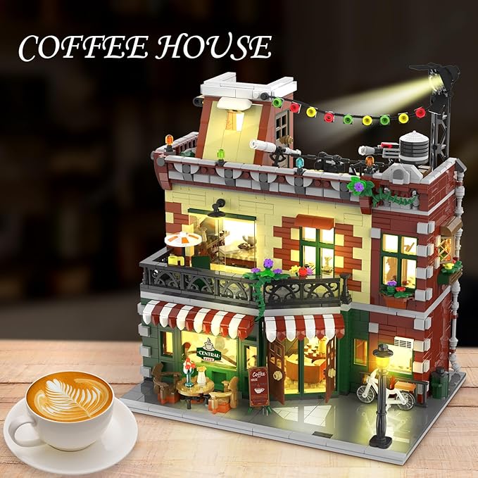 Coffee House Building Set with LED Light, 1589 PCS City Cafe Shop Building Block Toy with Stage Street Lights, Architecture Construction Model for Adults Teens Kids Ages 10 11 12+ Boys Girls