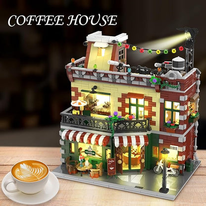 Coffee House Building Set with LED Light, 1589 PCS City Cafe Shop Building Block Toy with Stage Street Lights, Architecture Construction Model for Adults Teens Kids Ages 10 11 12+ Boys Girls